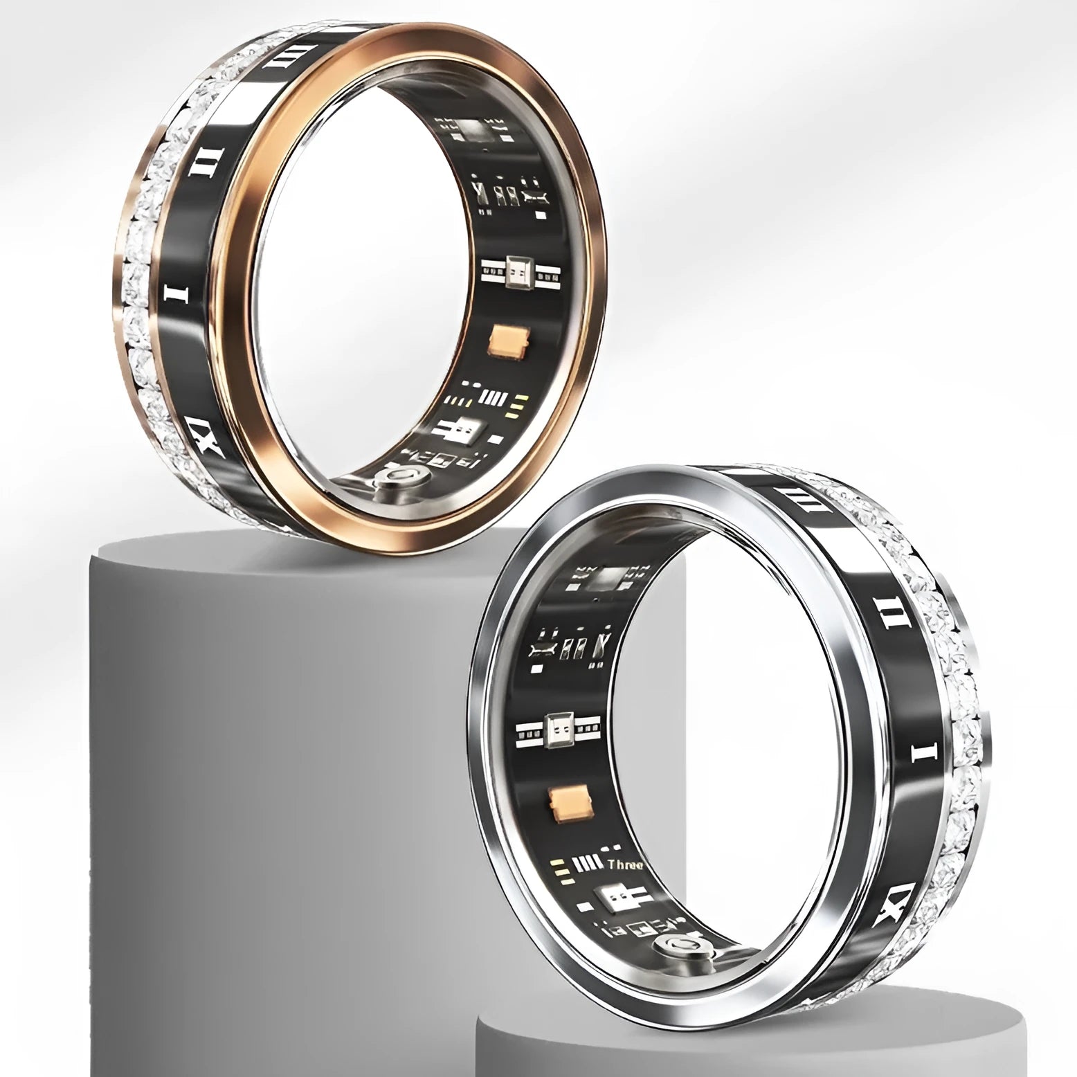 Diamond inlaid smart ring in silver and gold colours showing health monitoring capabilities