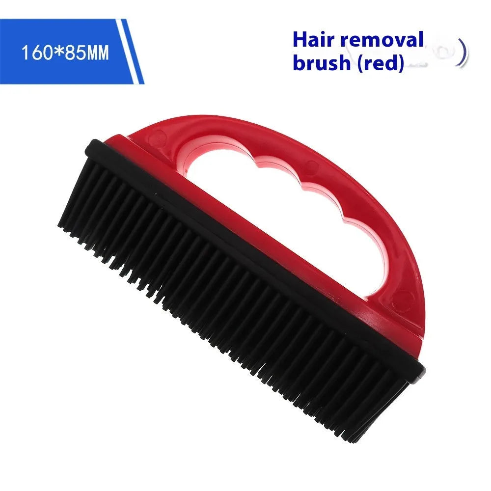 Red handheld pet hair removal brush measuring 160mm by 85mm for dog cat grooming and carpet cleaning
