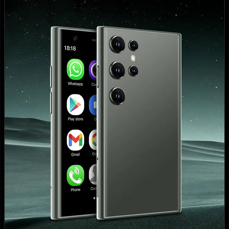Mini Android smartphone with 3.0-inch screen in black, green or pink purple colours showing quad-core processor and 3G/WIFI connectivity