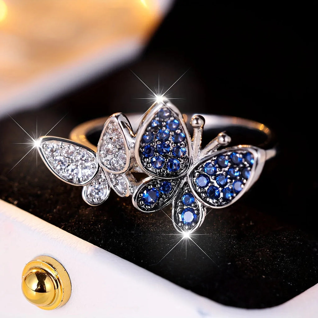 Blue and white butterfly ring for women in electroplated copper with wing design