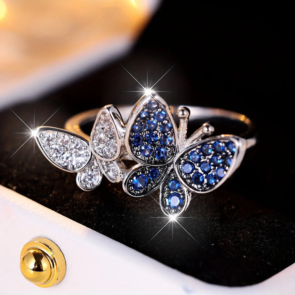 Blue and white butterfly ring for women in electroplated copper with wing design