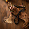 Vintage bohemian style long necklace and bracelet set with natural stone beads on an electroplated chain.