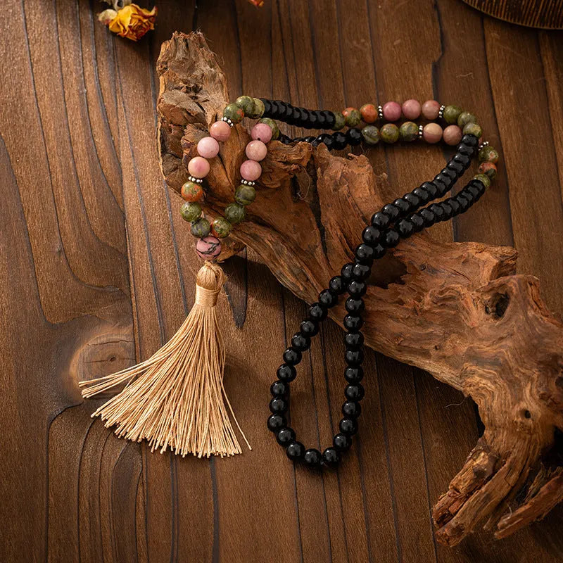 Vintage bohemian style long necklace and bracelet set with natural stone beads on an electroplated chain.
