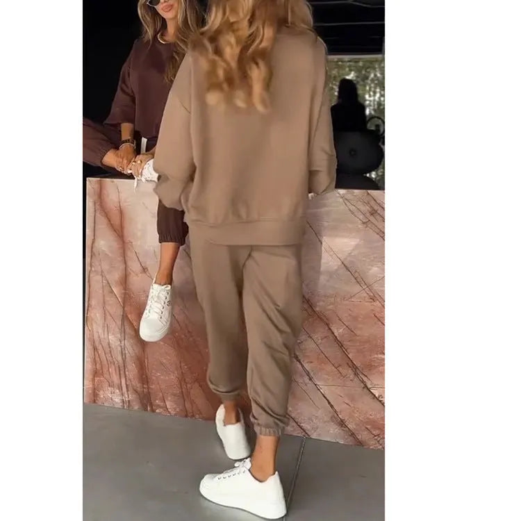 Casual women's wide leg trousers suit set in khaki, including top and wide leg trousers, polyester fabric, S to 5XL Asian sizing