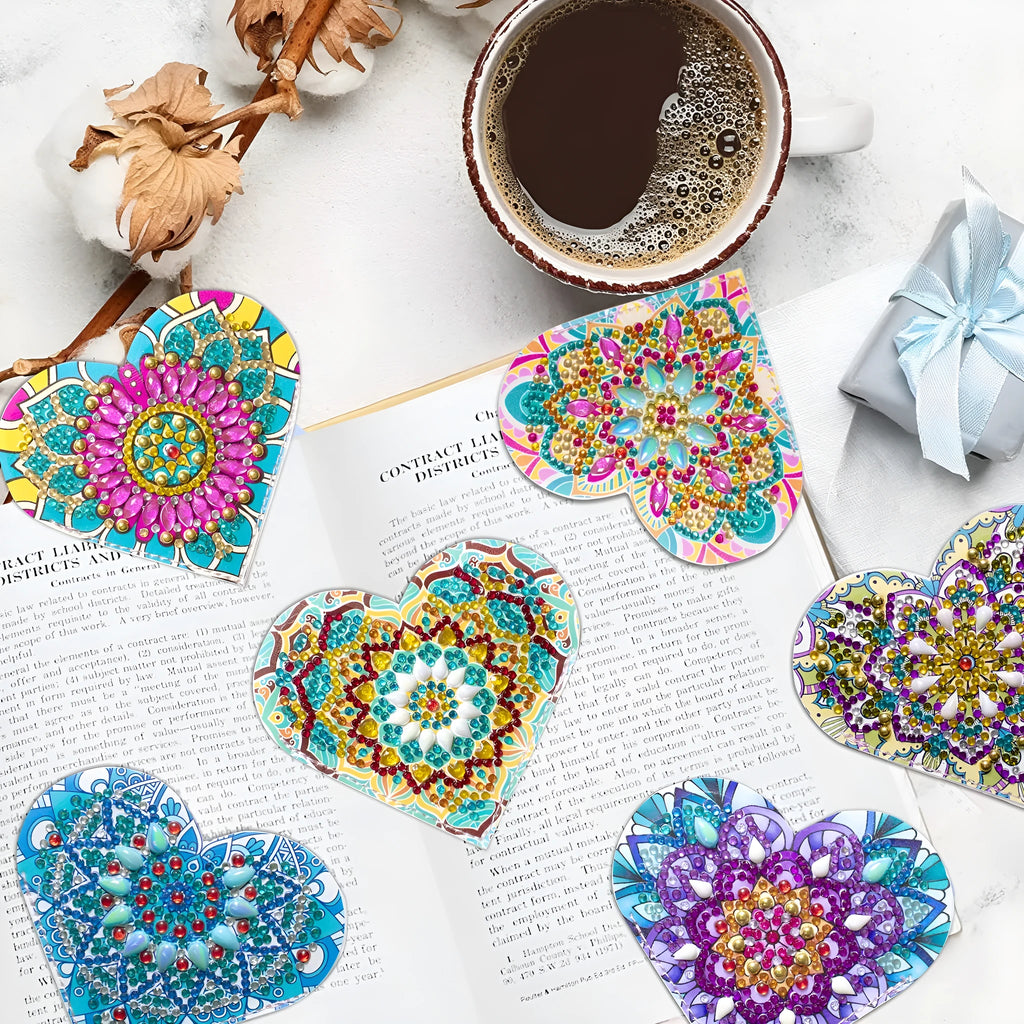 Set of six handmade PU leather bookmarks with crystal decorations and modern floral design.