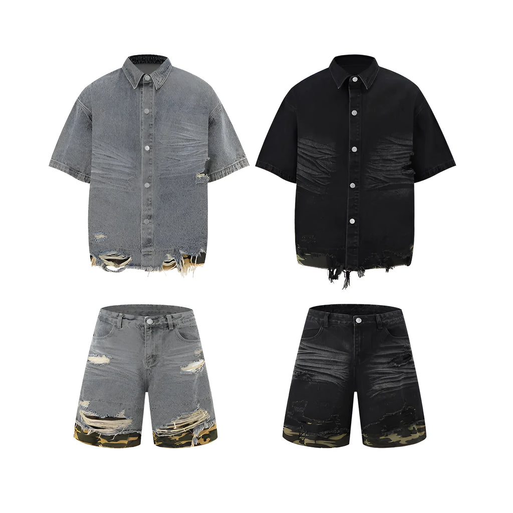 Leopard print denim matching set with short sleeve top and shorts featuring raw cut edge stitching