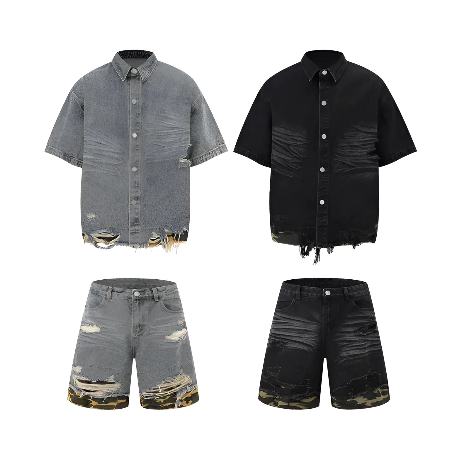 Leopard print denim matching set with short sleeve top and shorts featuring raw cut edge stitching