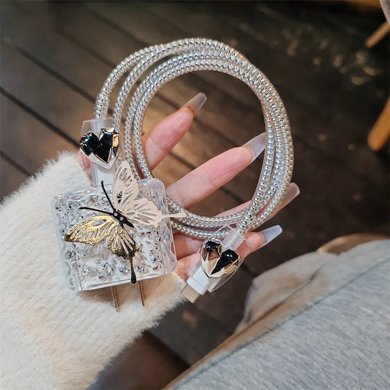 Three-dimensional butterfly USB cable protection sleeve with silver foil design for Apple 20W charger