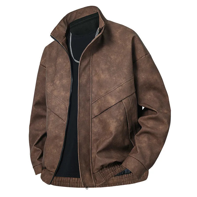 Men's slim fit PU leather coat in Black Gray, straight hem, side pockets, spring autumn casual wear