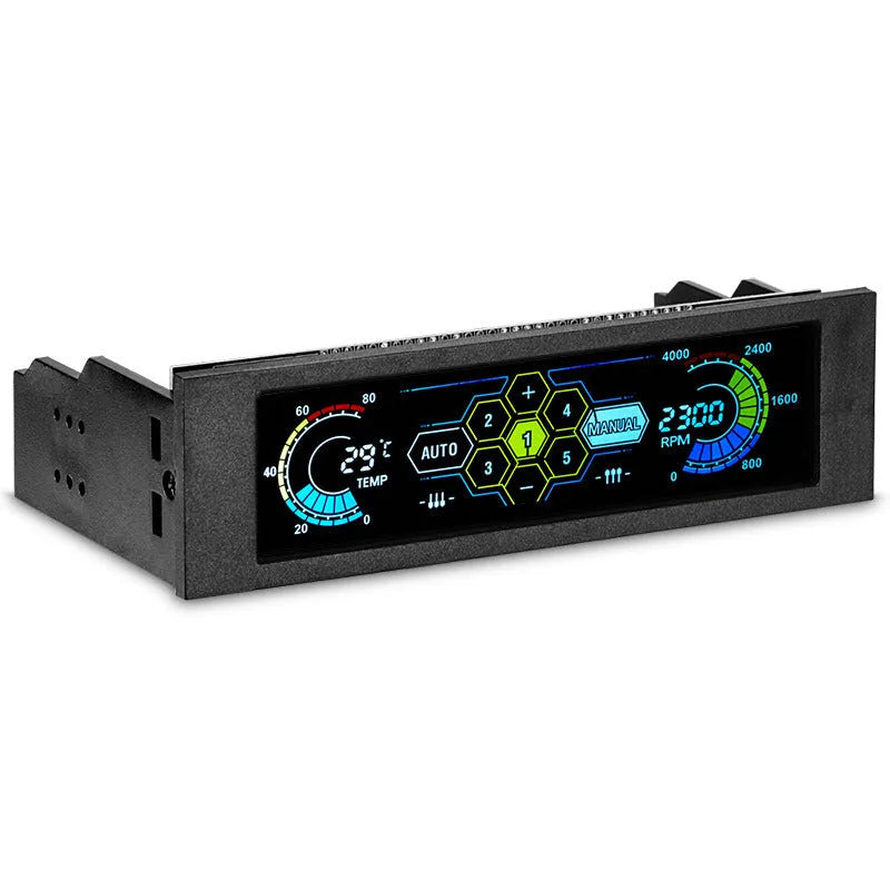 Black computer case temperature controller with 5.8-inch touch screen display for optical drive bay installation