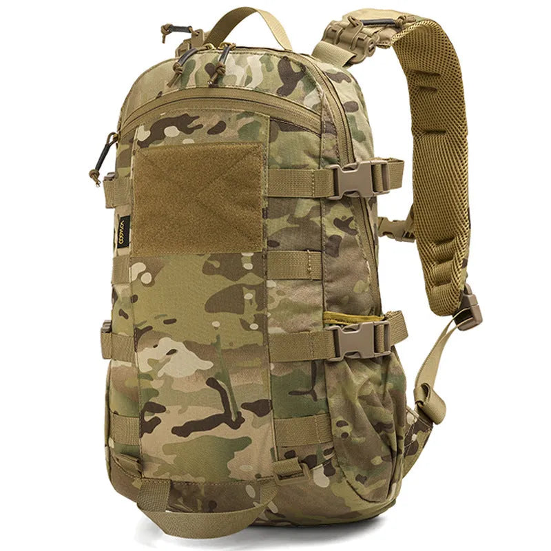 Camouflage nylon 20L backpack with curved shoulder straps and YKK zipper for outdoor commute and leisure