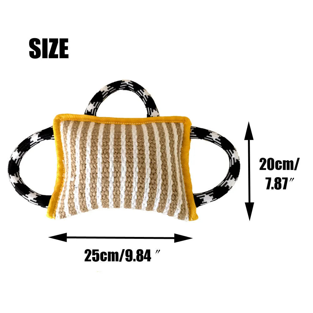 Jute dog tug toy with three rope handles showing 26 cm bite pillow for medium large dogs