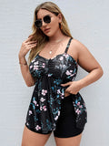 Women's one-piece swimsuit with a split colour floral pattern, shown on a model.