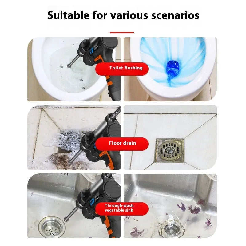 Electric pipe drainage tool with 16.8V motor and 7.5m steel wire cable for clearing toilet and kitchen blockages