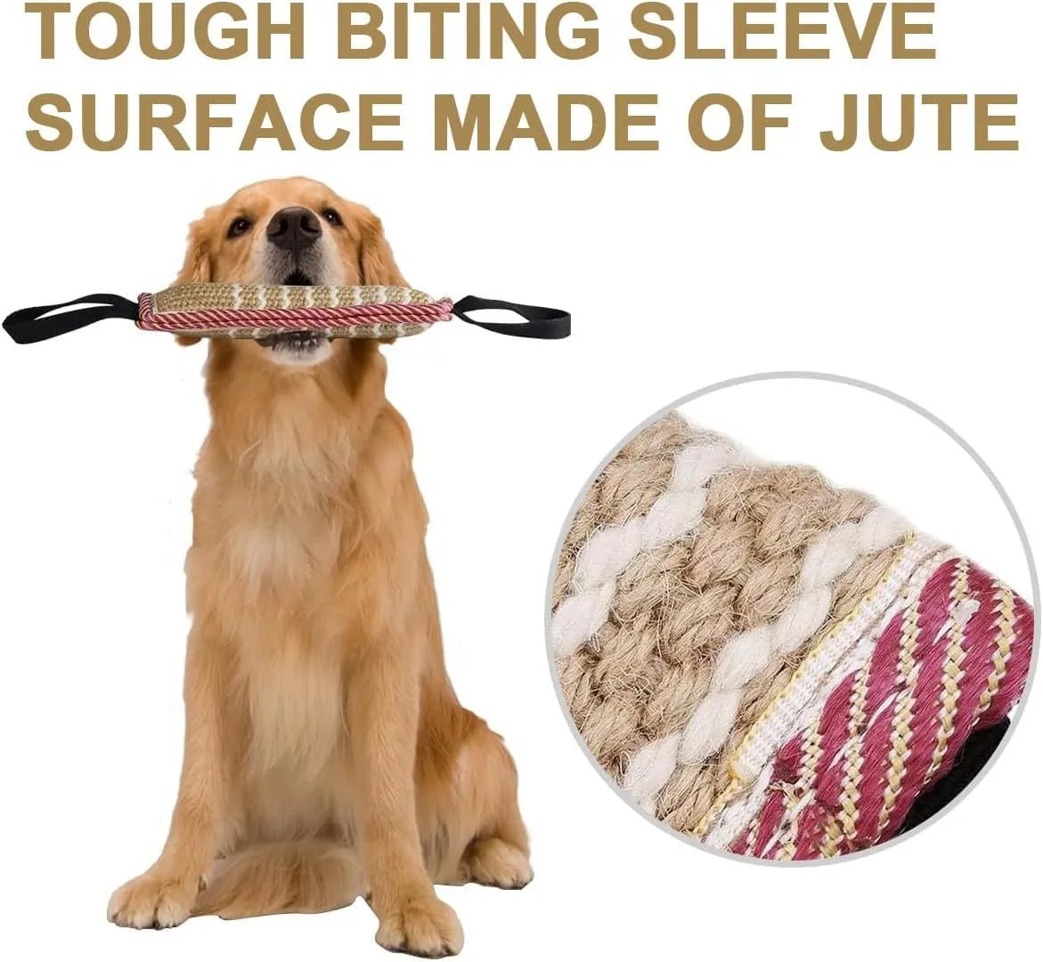 Beige jute dog tug toy with two handles measuring 30cm long for interactive training play