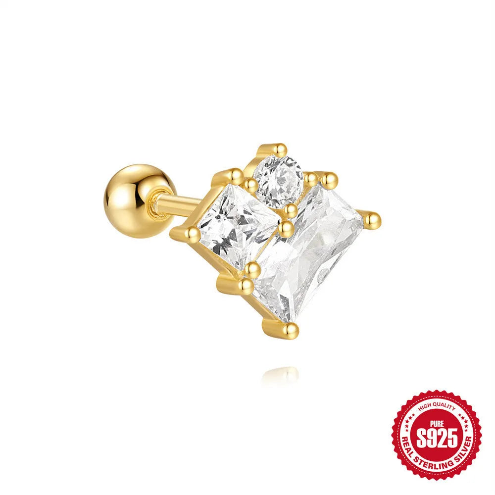 S925 sterling silver flower stud earrings with square gravel setting in golden electroplated finish