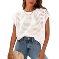 White women's pullover sweater with crochet detail sleeves and round neck