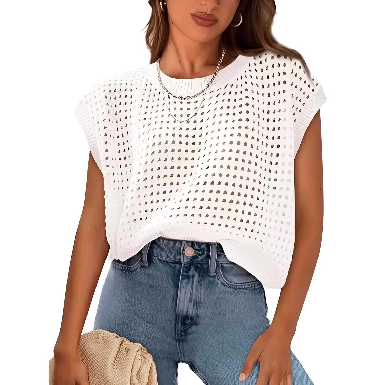 White women's pullover sweater with crochet detail sleeves and round neck