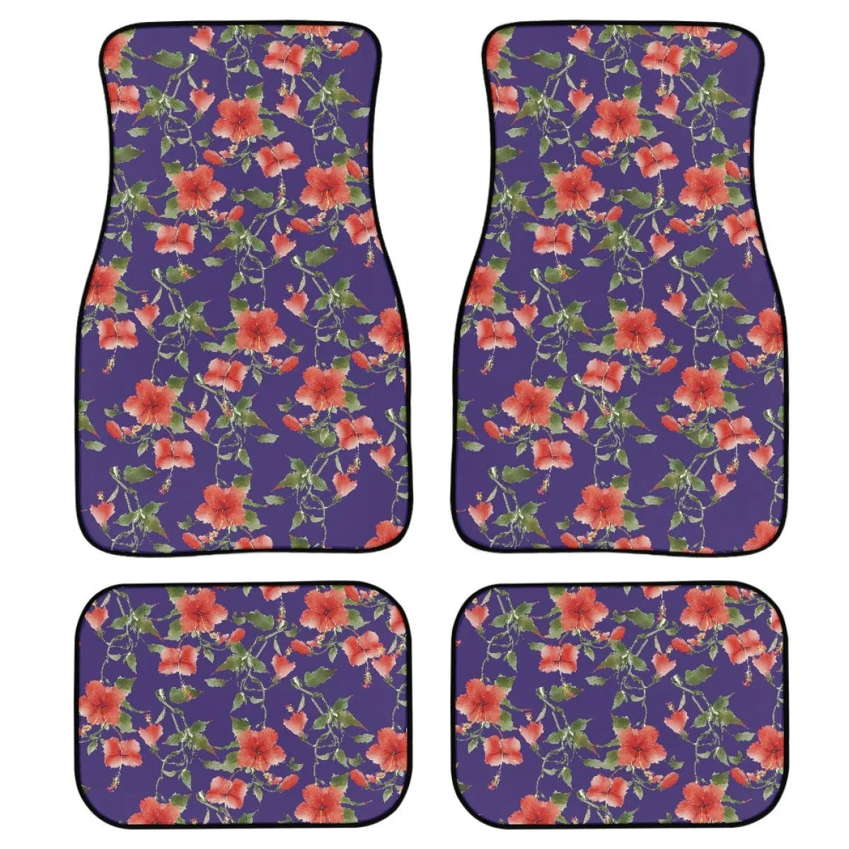 Black rubber car floor mat set with waterproof lining, four-piece suit for vehicle footwells.