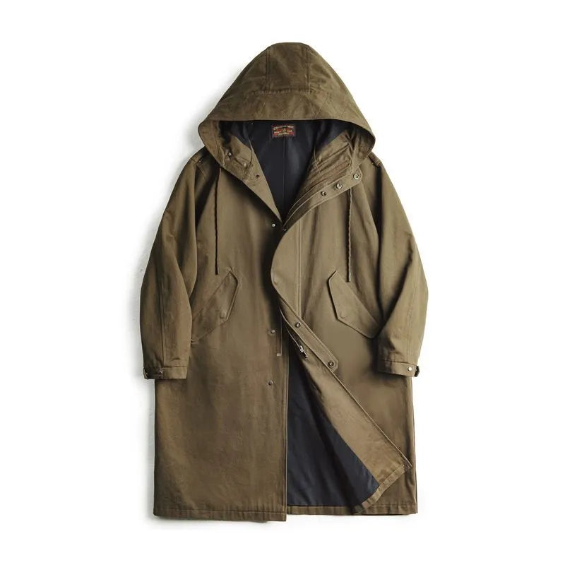 Men's military style brushed fleece hooded windbreaker loose pure cotton mid-length coat autumn brown