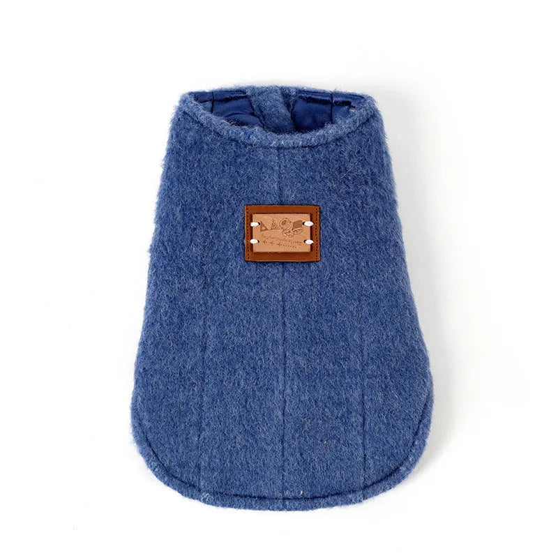 Casual cotton knitted vest for small dogs in blue, red, or yellow, showing front view.