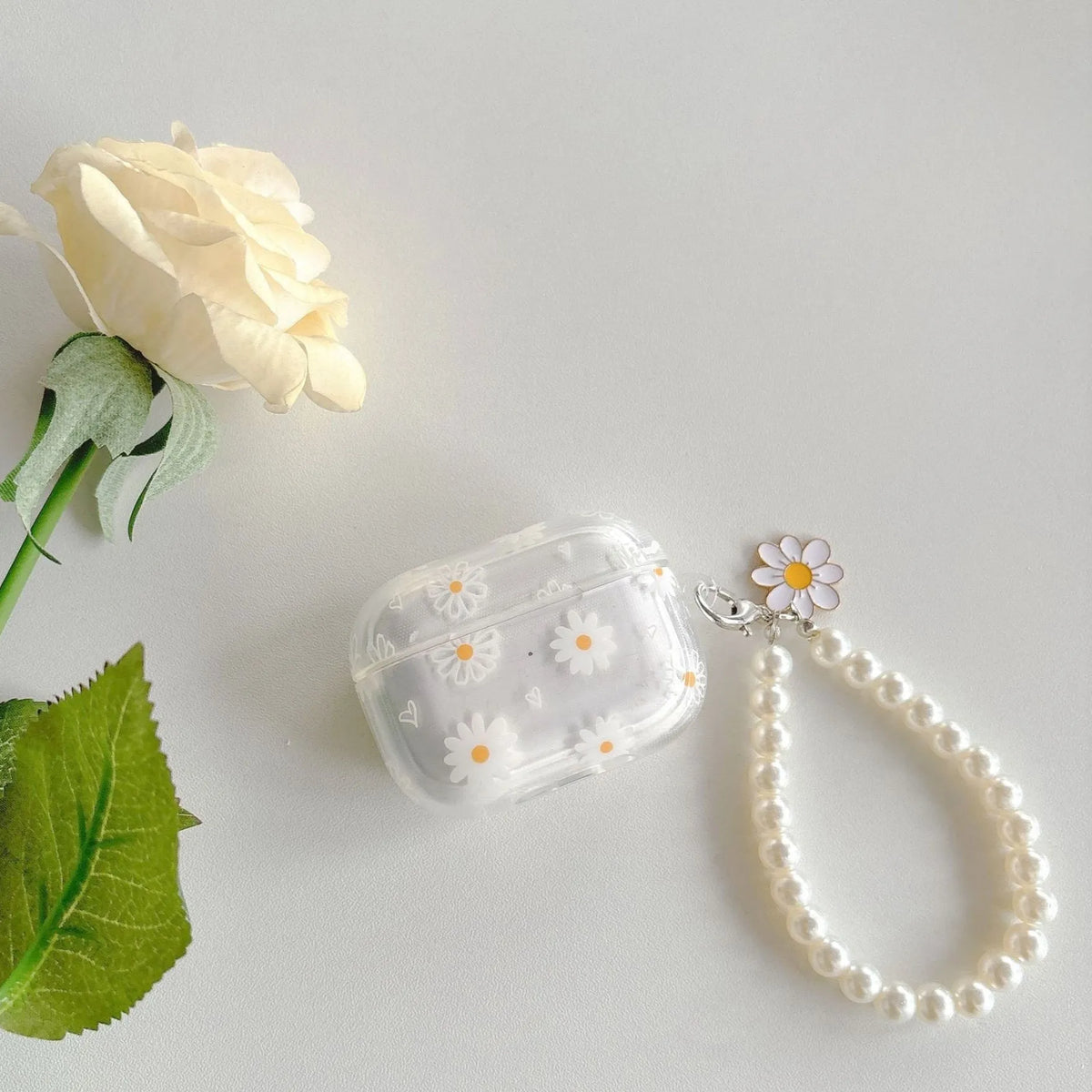 High transparent TPU protective cover with pearl pendant and chain for Apple AirPods charging case