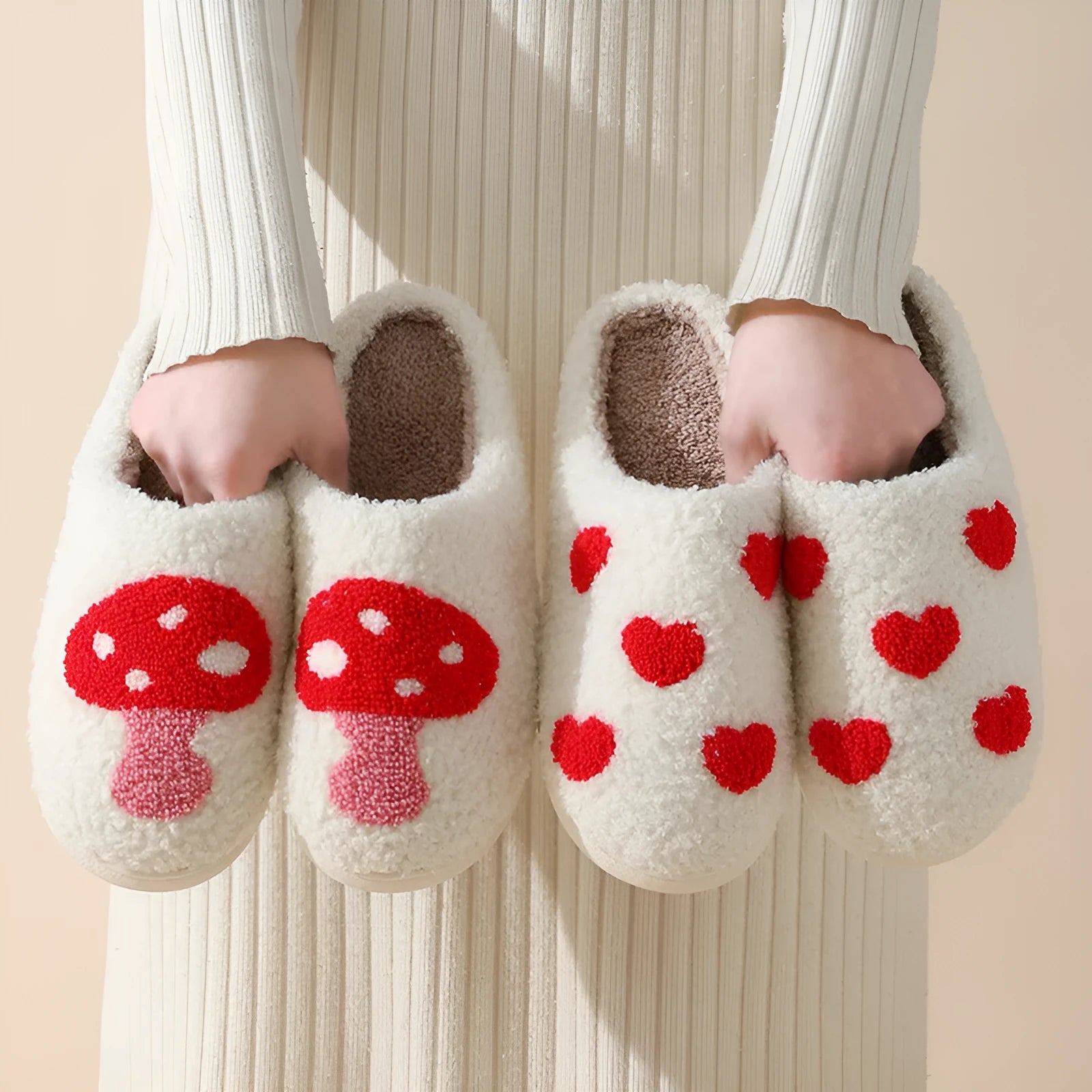 Plush women's cartoon slipper with non-slip PVC sole in Big Love pattern.