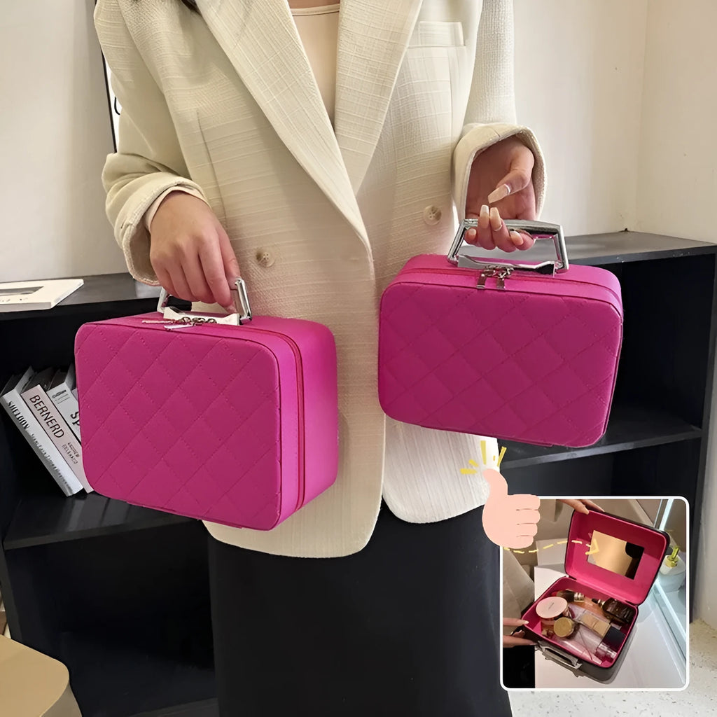 Rhombus-embroidery design cosmetic bag with handle and mirror, available in multiple colours, PU material, large capacity