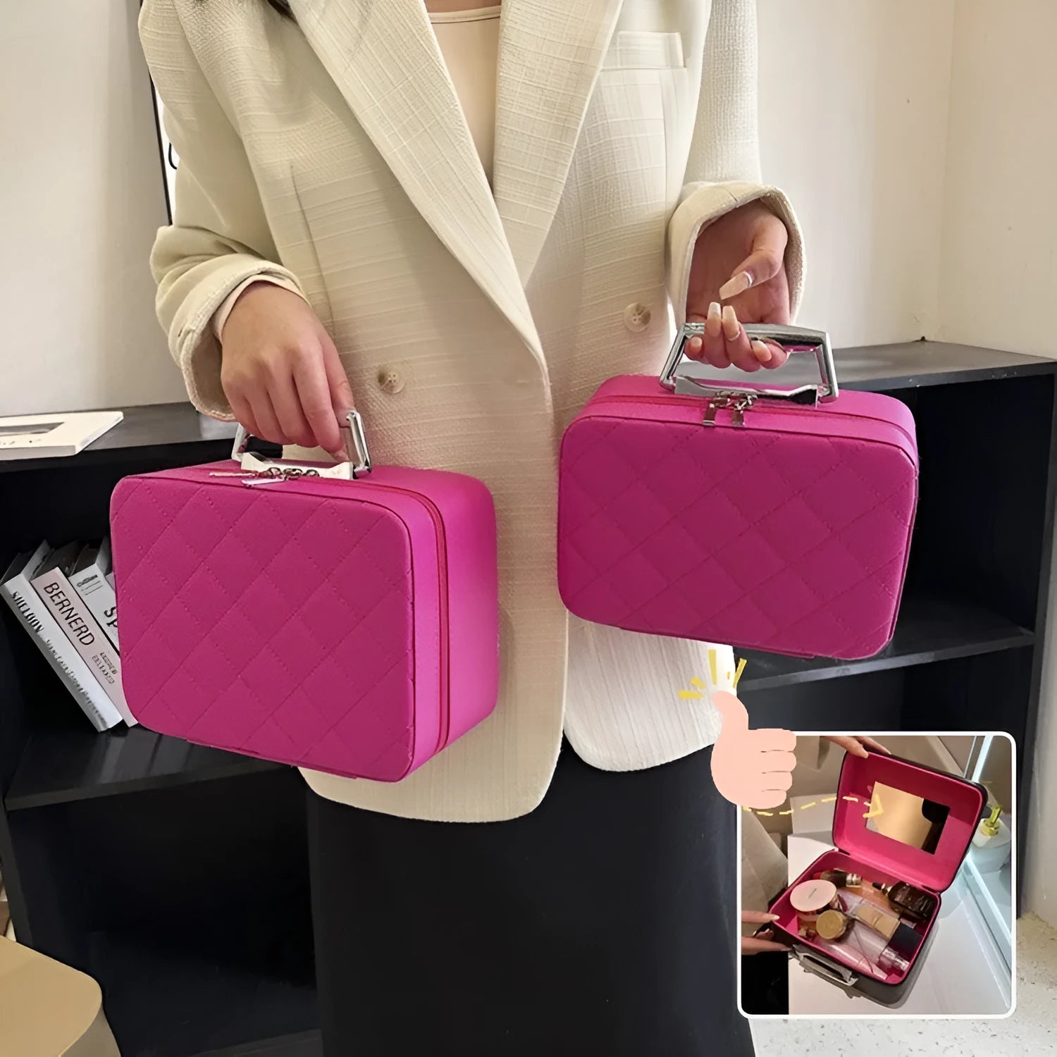 Rhombus-embroidery design cosmetic bag with handle and mirror, available in multiple colours, PU material, large capacity
