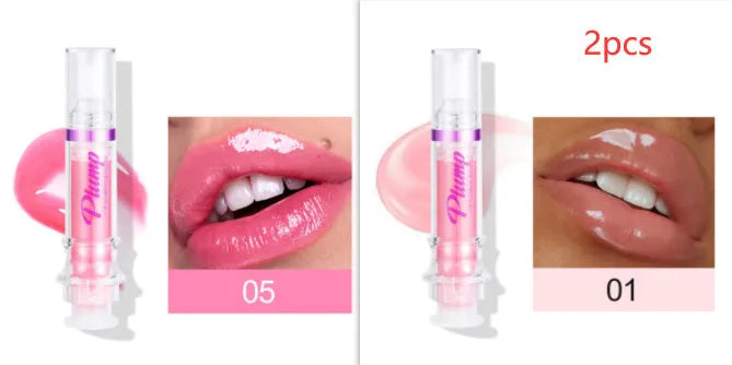 Tube of lip gloss showing shiny finish, available in six different colour shades.