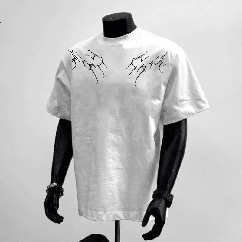 Men's black loose fit cotton T-shirt with printing decoration for business commute wear