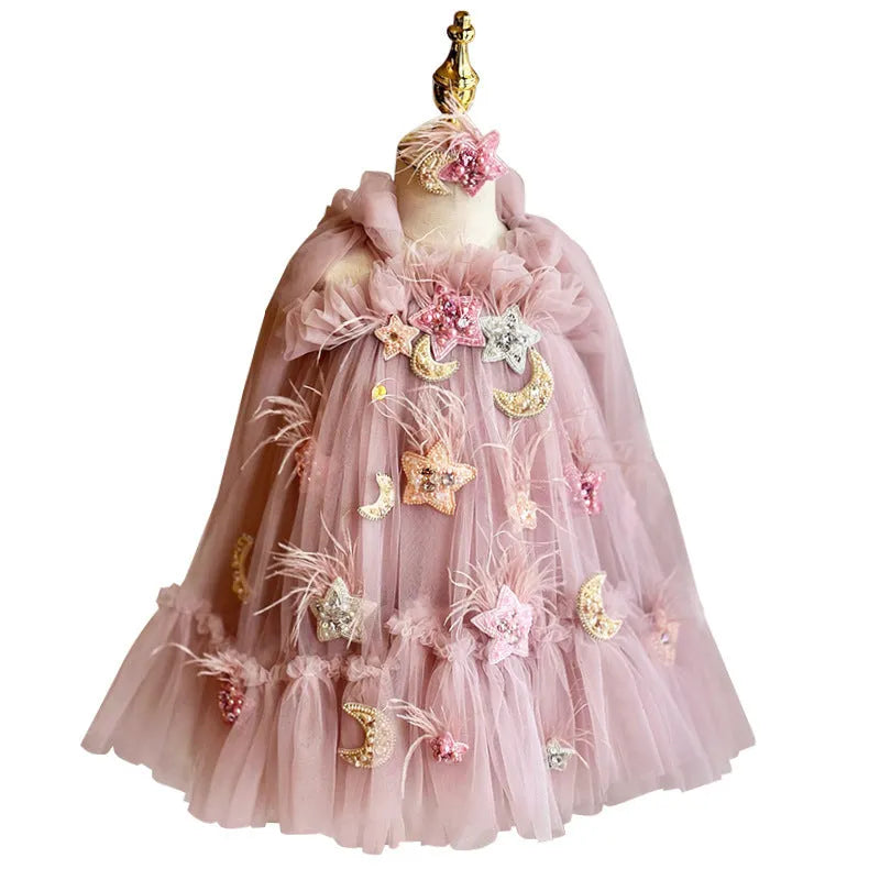 Pink floral children's princess dress with spaghetti straps and bow detail