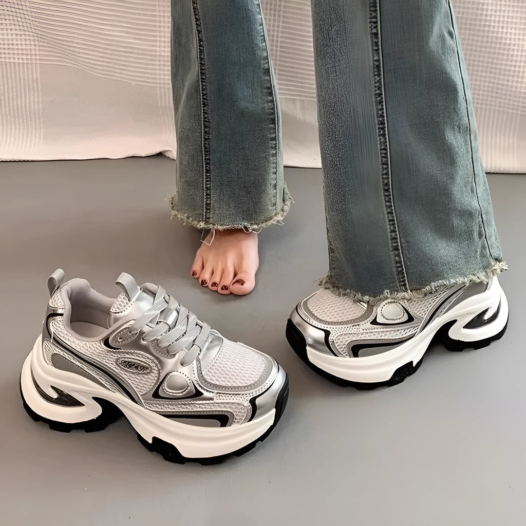 Women's silver platform sneakers with mesh lining and rubber sole