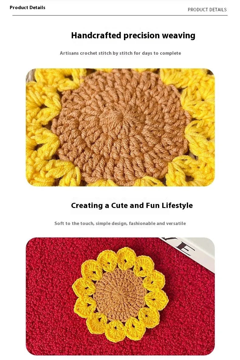 Hand-woven wool flower coasters showing floral pattern texture and natural wool material