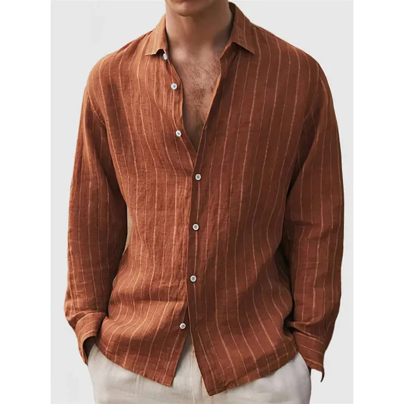 Man wearing a loose-fit striped short-sleeve cardigan-style polyester shirt for casual wear.