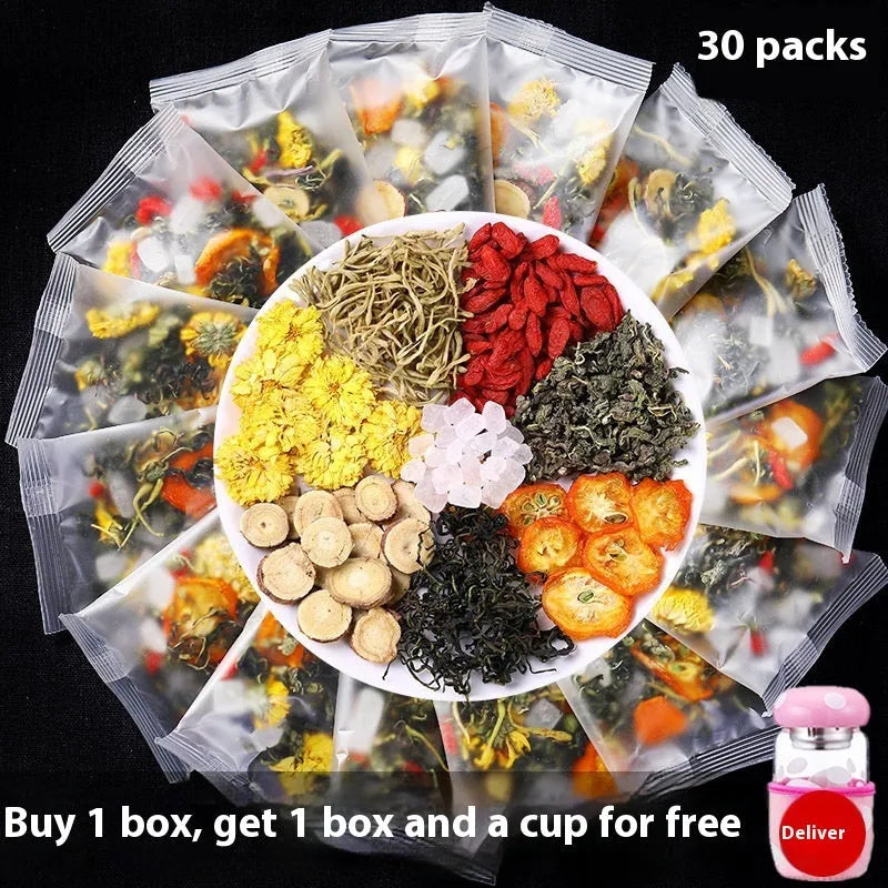 Box of honeysuckle chrysanthemum loose leaf herbal tea showing 150g net weight