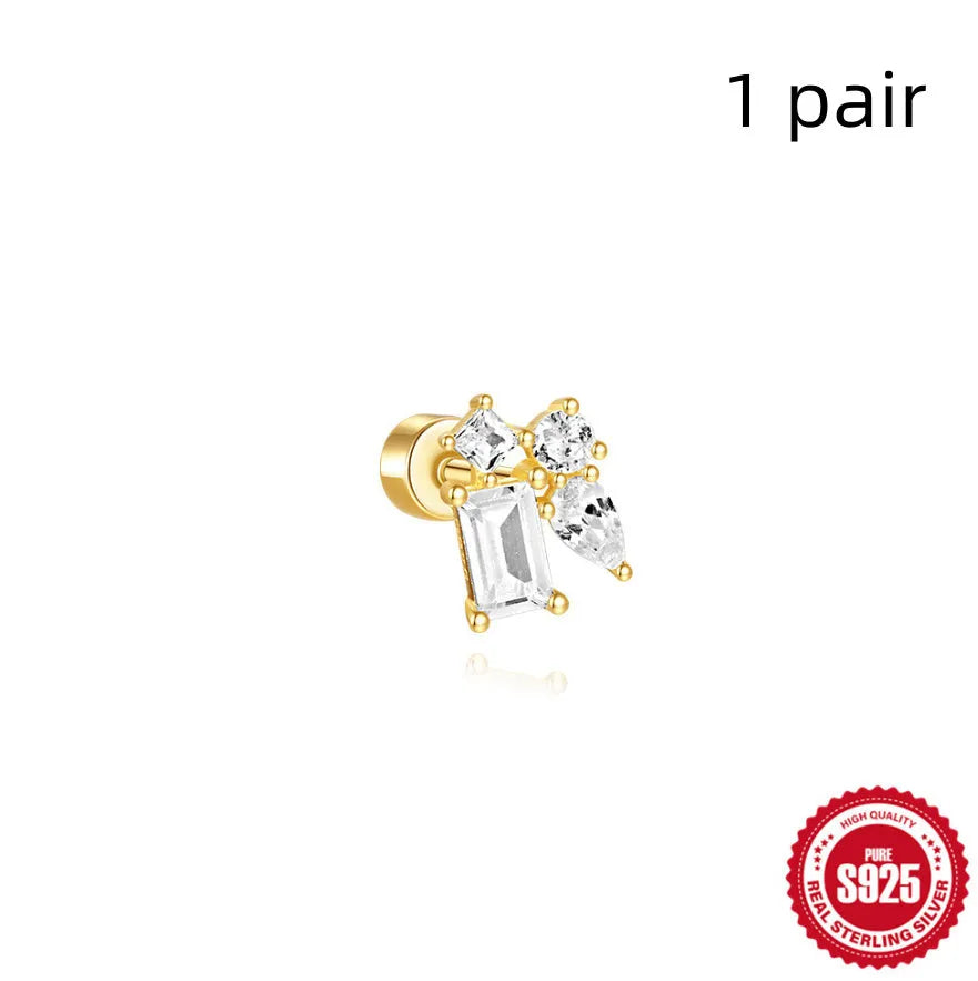 S925 sterling silver flat column geometric ear bone stud with gold electroplated finish