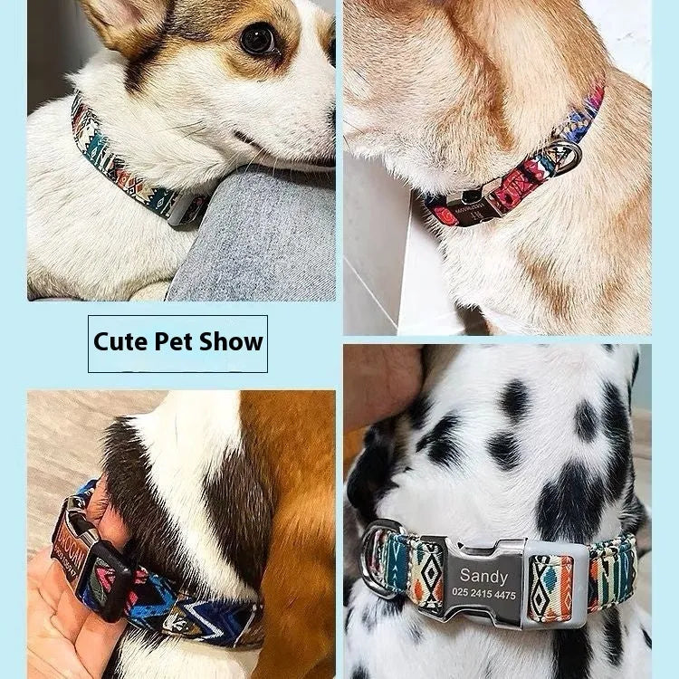 Striped canvas dog collar with semi-metal buckle in bohemian blue colour with adjustable sizing.