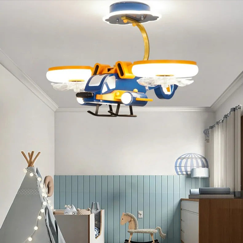 Modern ceiling fan with light, showing metal blades and a white acrylic lampshade, remote control beside it.