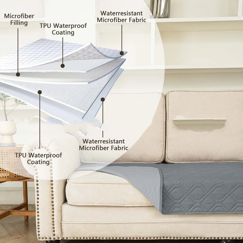 Double-sided waterproof dog sofa cushion showing contrasting colour options and multiple size measurements