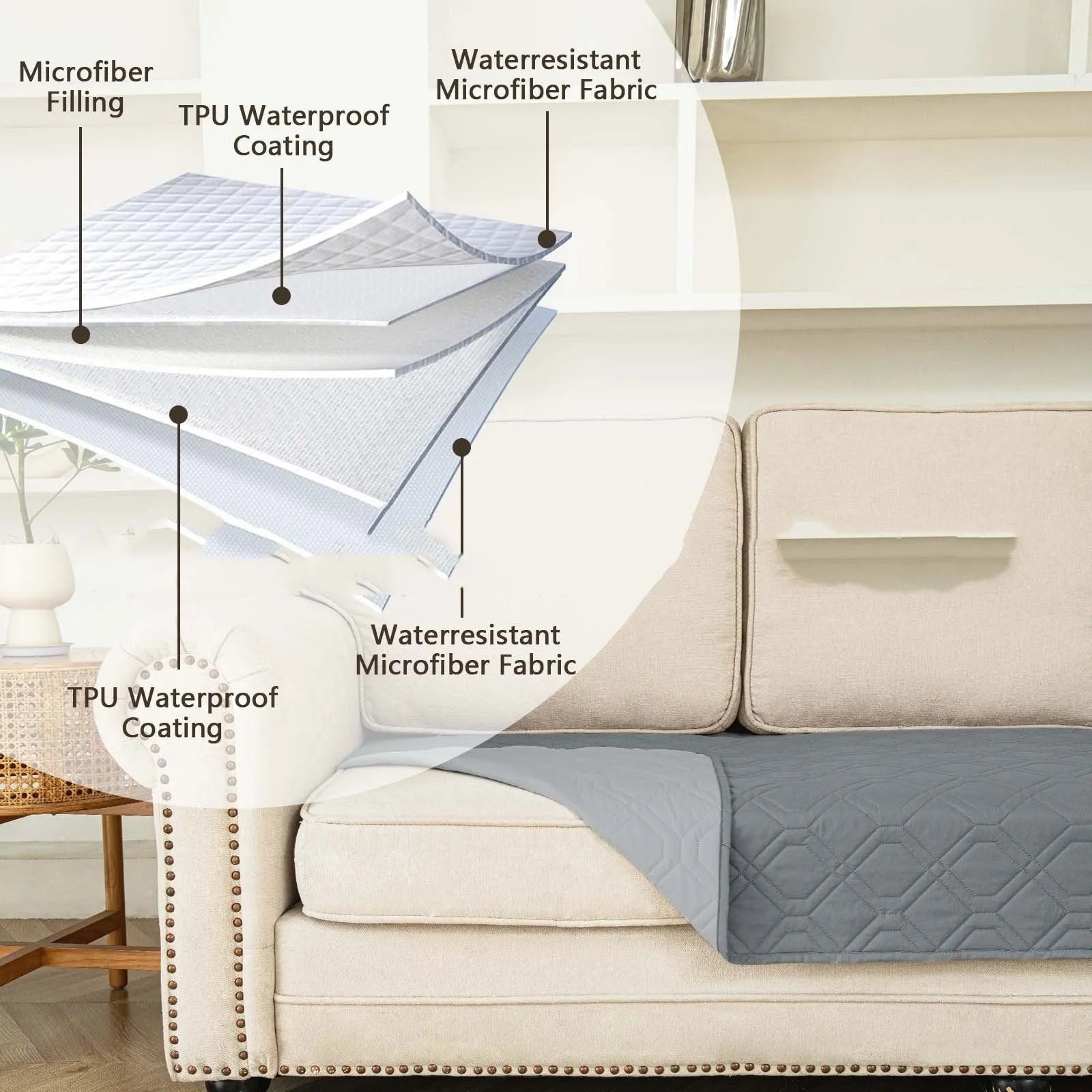 Double-sided waterproof dog sofa cushion showing contrasting colour options and multiple size measurements