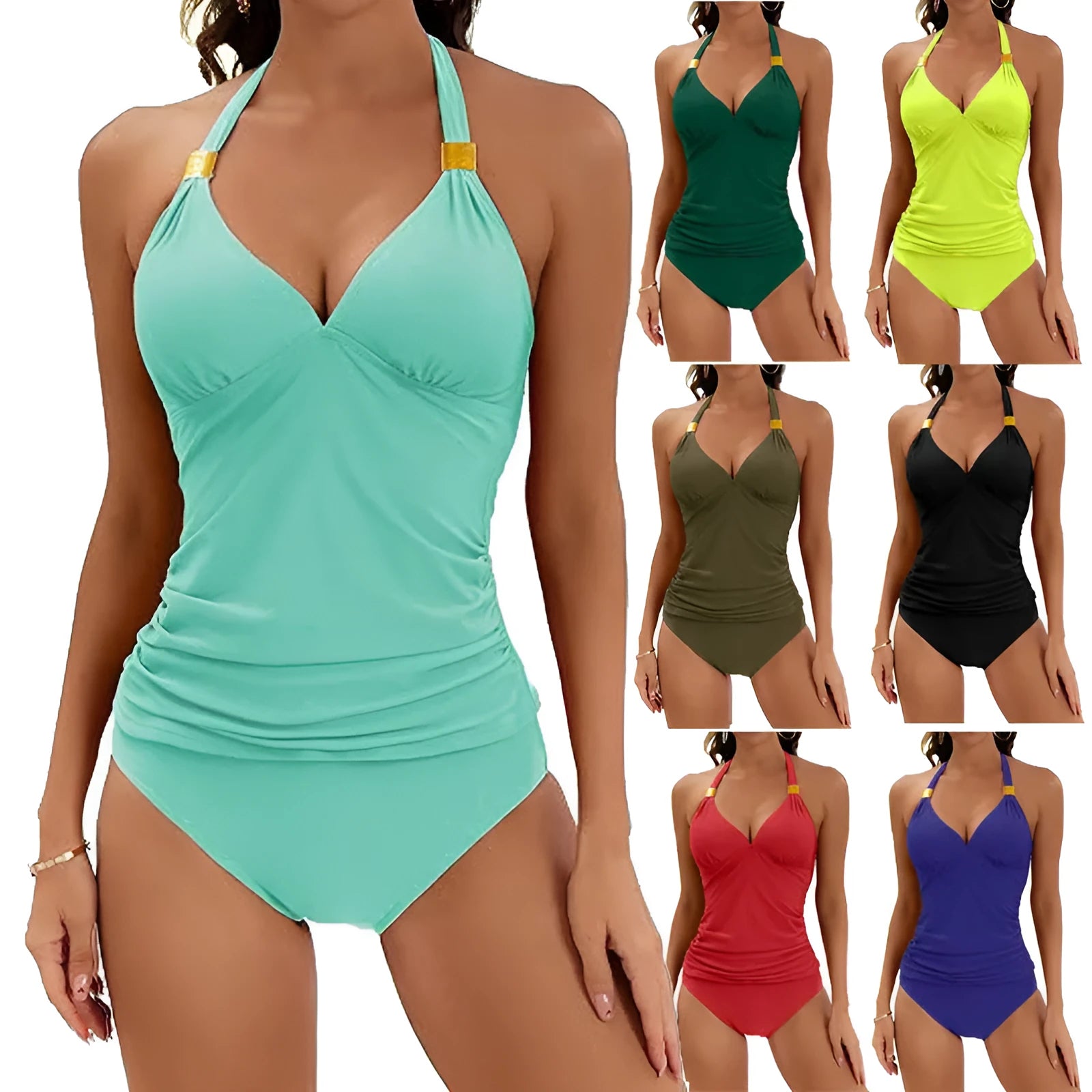 Women's halter neck bikini set with V-neckline in solid colour