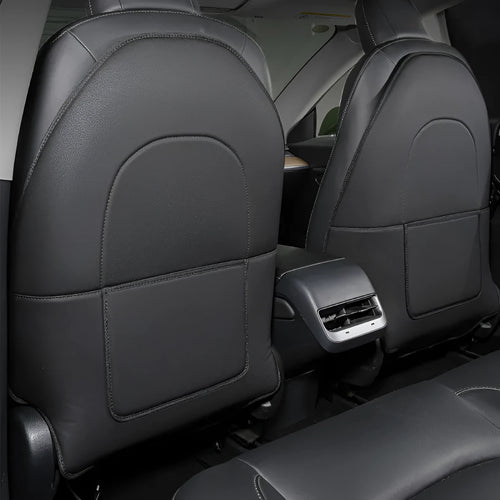 Two black leather rear anti kick pads for car seats, showing size and single pocket.