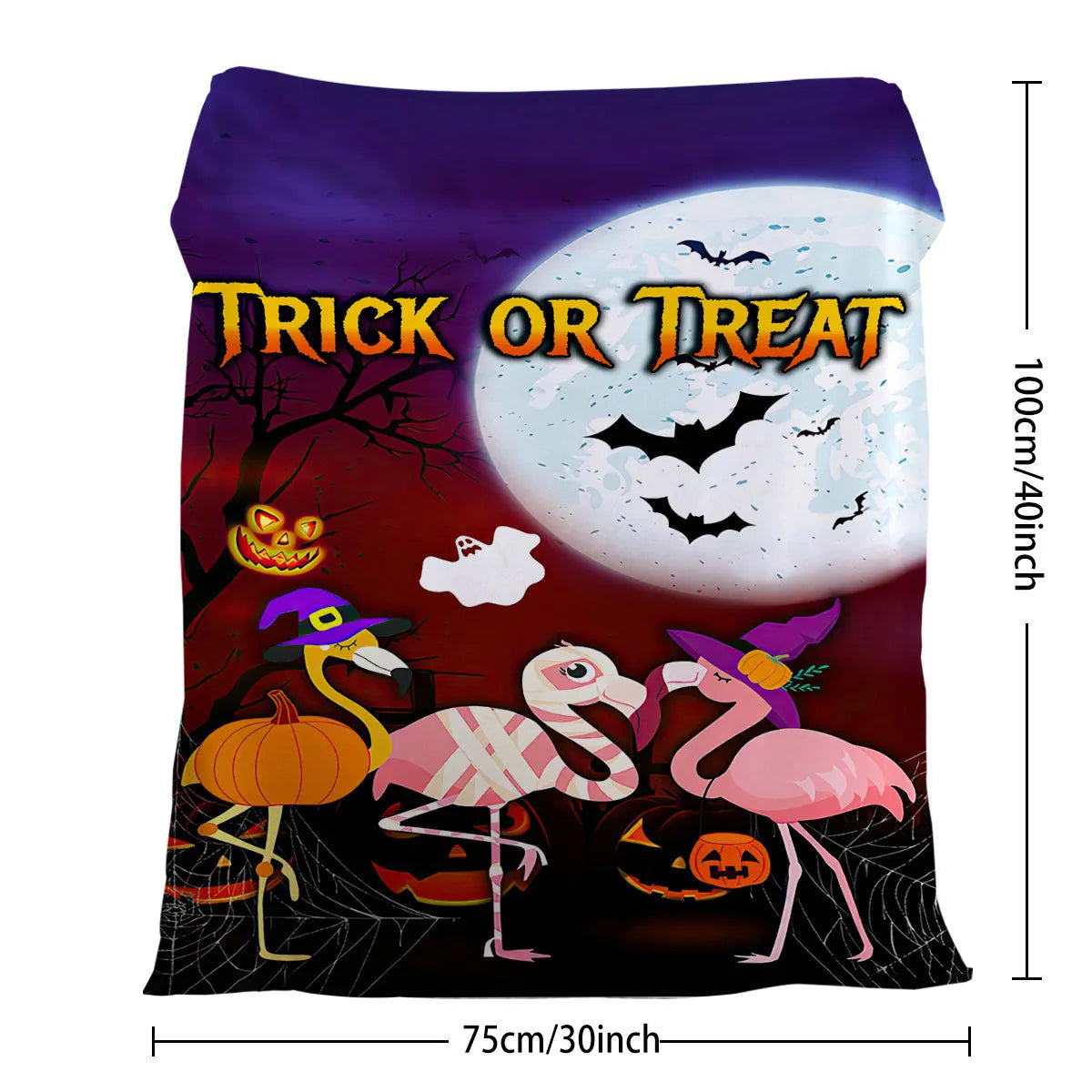 Purple flannel Halloween flamingo printed blanket on a sofa, size 130x150cm