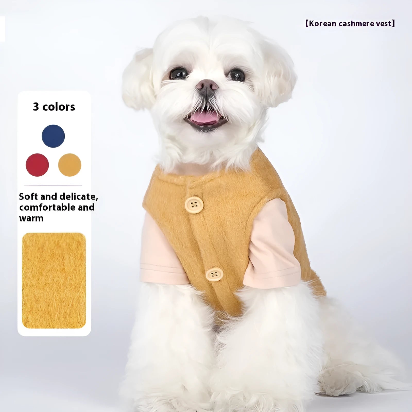 Casual cotton knitted vest for small dogs in blue, red, or yellow, showing front view.