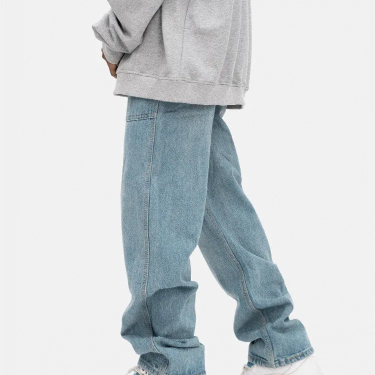 Mens loose straight vintage wide leg jeans in washed black denim, front view