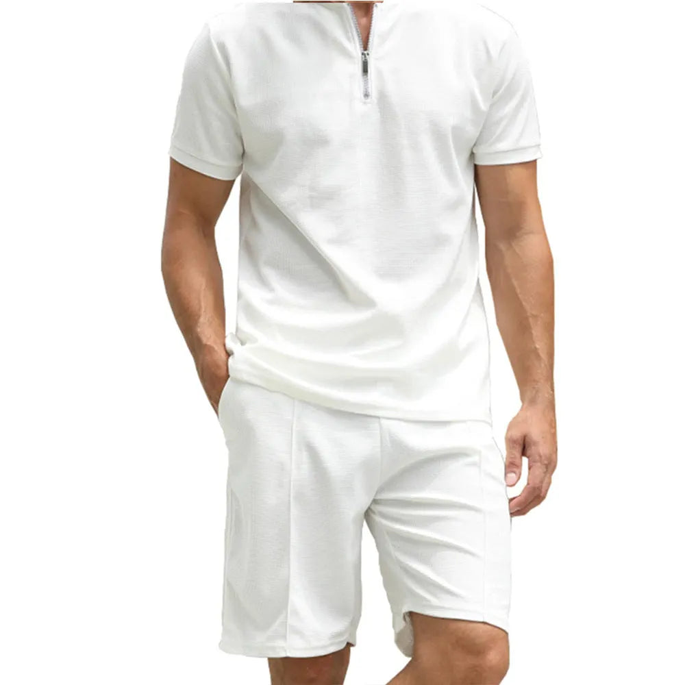 Men's solid colour polo shirt and trousers two-piece set in polyester fabric