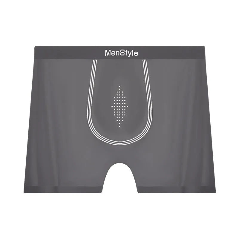 Men's seamless satin ice silk boxer shorts in a mid-waist design shown in bare skin colour.