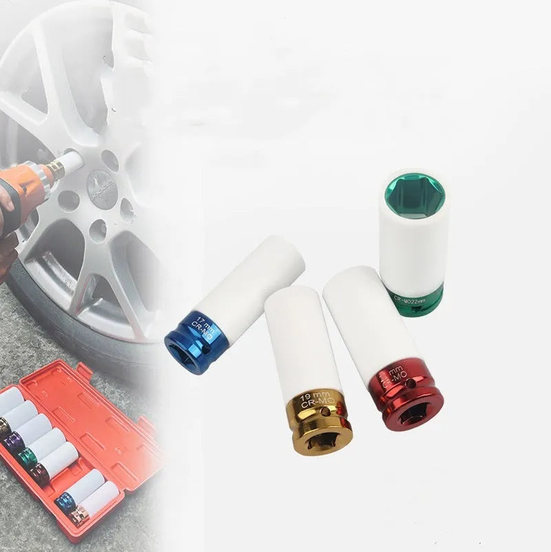 Single 45# steel hexagon impact socket for pneumatic wrenches in 17mm, 19mm, 21mm, or 22mm size.