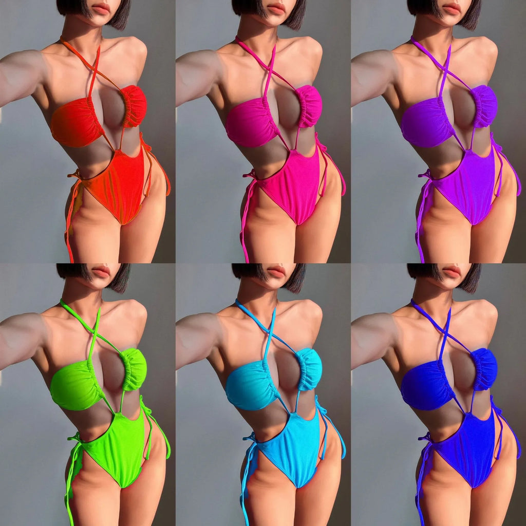 Women's solid colour drawstring one-piece swimsuit in briefs cut on a mannequin.